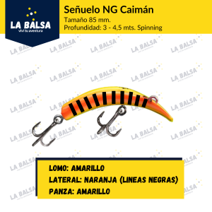 Señuelo NG Caimán - Lomo: Amarillo - Lateral: Naranja - Panza: Amarillo