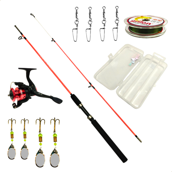 Kit de pesca completo con caña, reel y caja con 8 accesorios